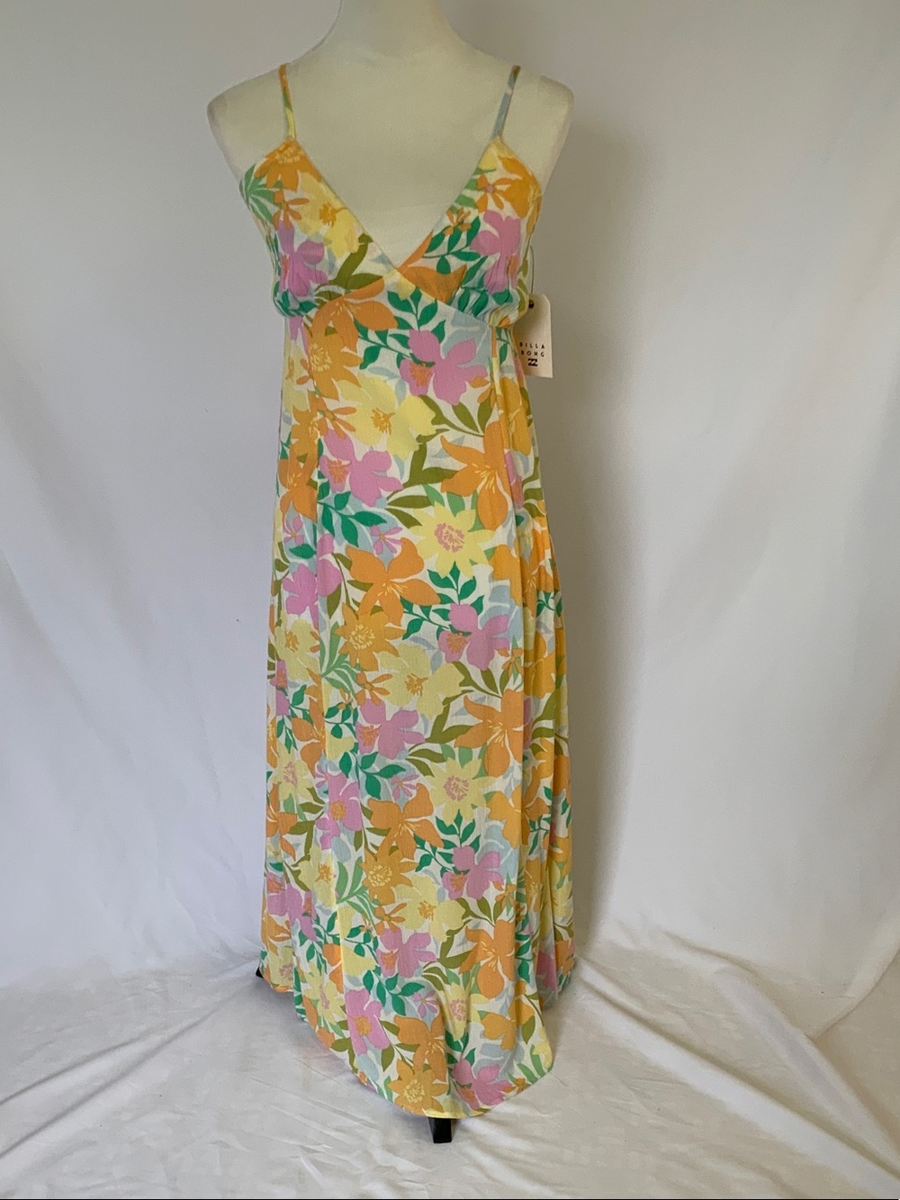 Billabong Yellow Floral V-Neck Maxi Dress with Pink & Orange Blooms